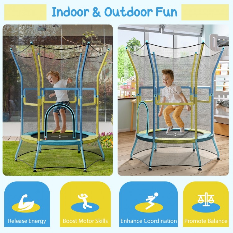 Mini trampoline for kids with safety enclosure net and foam handles, ideal for indoor and outdoor fun and secure.