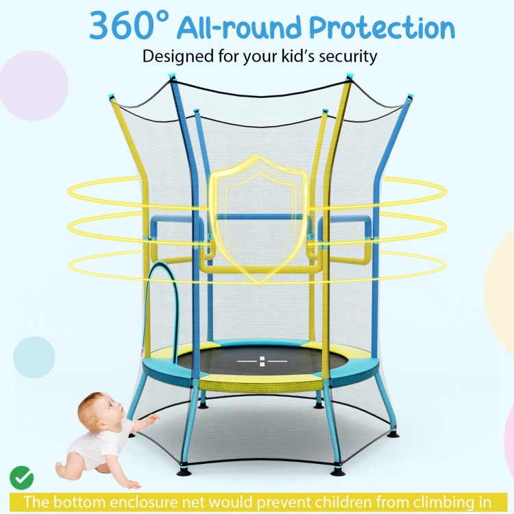 Mini trampoline for kids with safety enclosure net, padded handrails, and curved legs for secure indoor and outdoor.