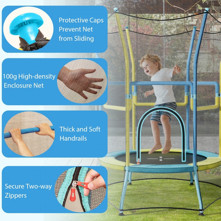 Mini trampoline for kids featuring a safety enclosure net, padded handrails, and secure two-way zippers for safe.