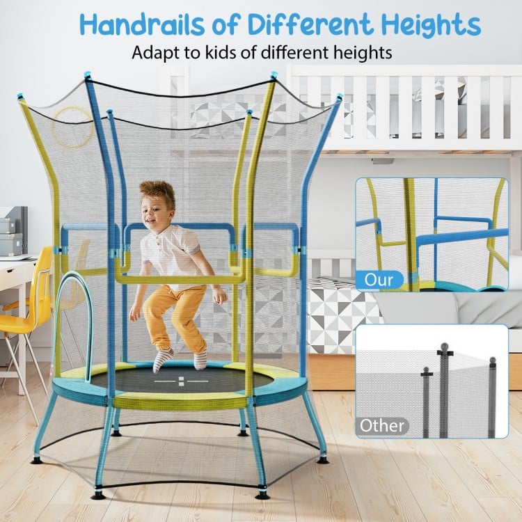 Mini trampoline for kids with safety enclosure net and padded handrails, designed for secure indoor and outdoor.