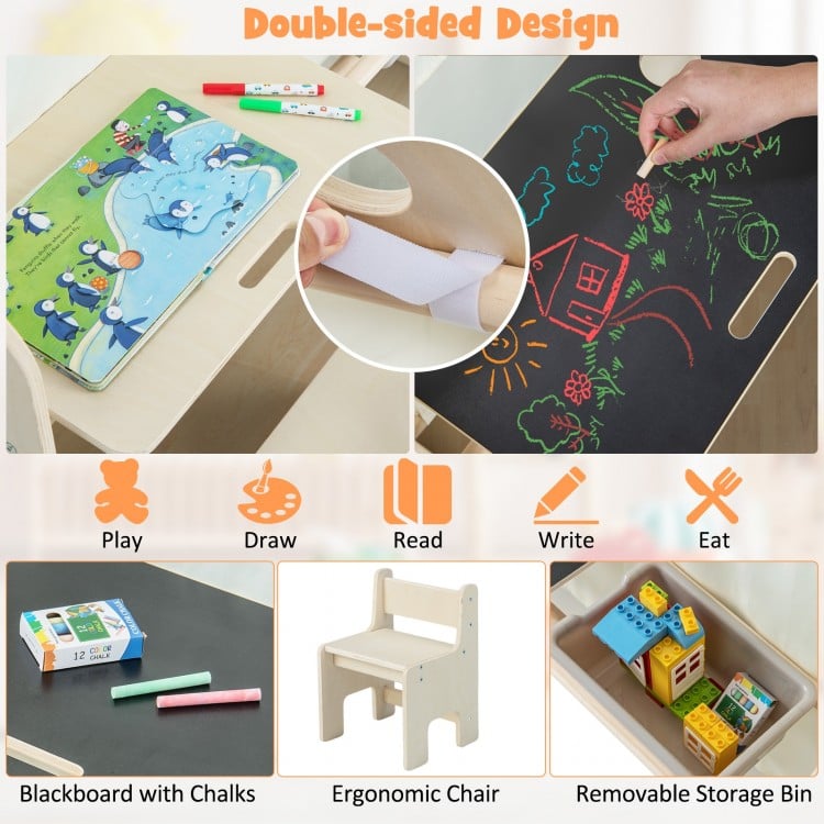 Montessori style indoor playhouse with blackboard, ergonomic chair, and storage bin for toddlers aged 2-6 years.