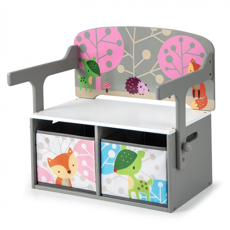 Kids convertible activity bench in gray with adorable patterns and two removable fabric bins for storage and play.