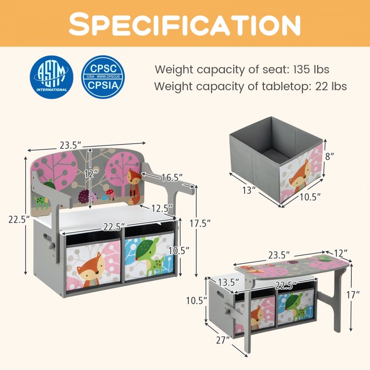 Kids convertible activity bench with removable fabric bins, featuring adorable patterns and sturdy P2 MDF material for.