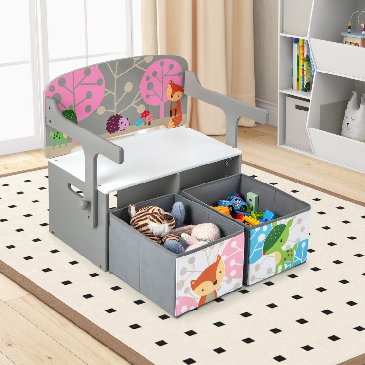 Kids convertible activity bench in gray with removable fabric bins, perfect for storage and play in any room.
