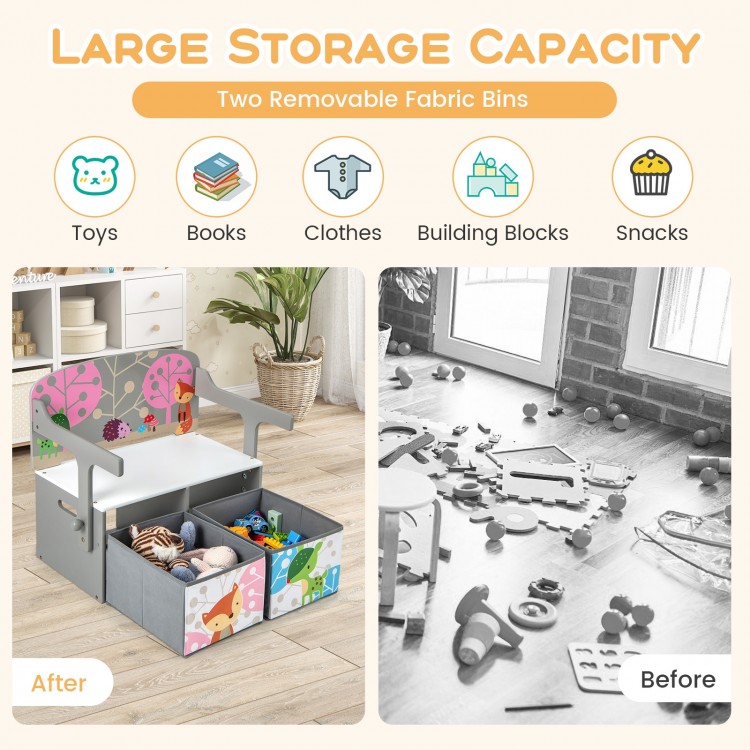 Kids convertible activity bench in gray with two removable fabric bins for toys and books, perfect for playrooms.