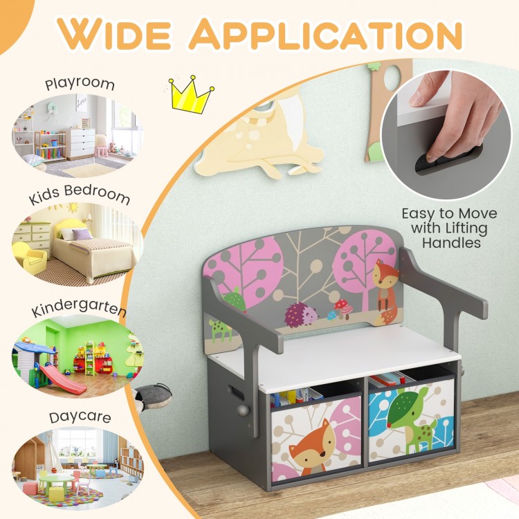 Kids convertible activity bench in gray with removable fabric bins, perfect for playrooms and storage solutions.