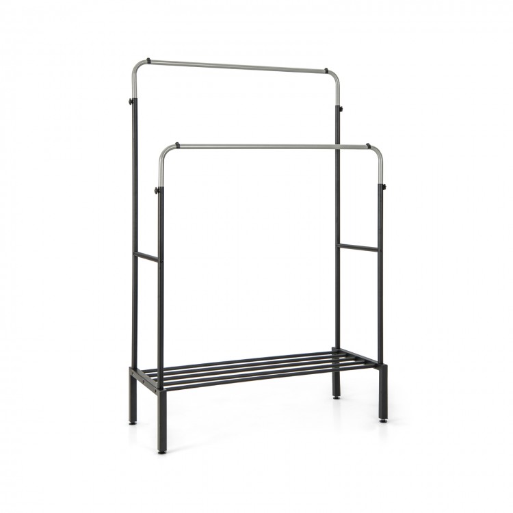 Double rod garment rack in silver with adjustable heights, shoe storage, and heavy-duty metal frame for stability.