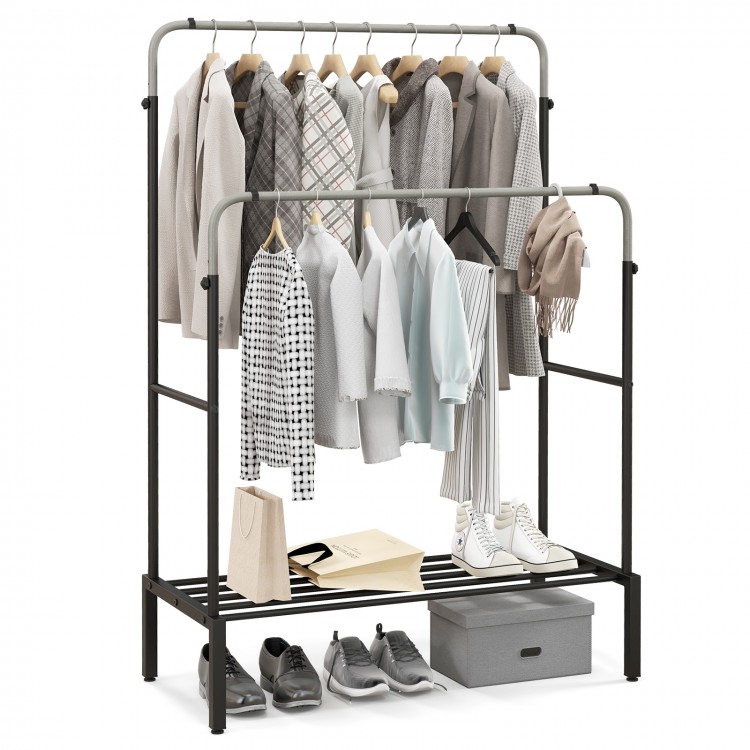 Double rod garment rack with adjustable heights, featuring a shoe storage area and heavy-duty metal frame for stability.