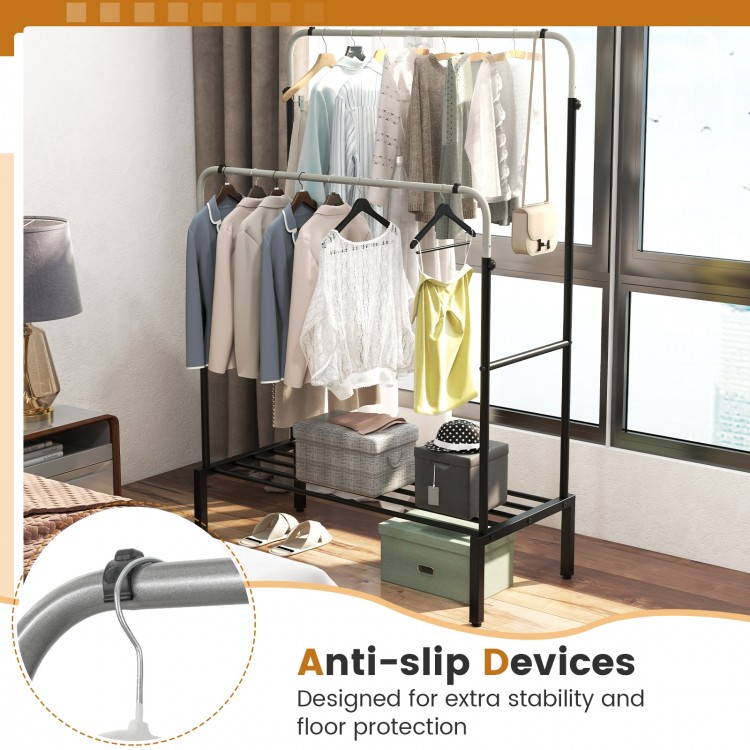 Double rod garment rack in silver with adjustable heights, featuring anti-slip devices and shoe storage for added.