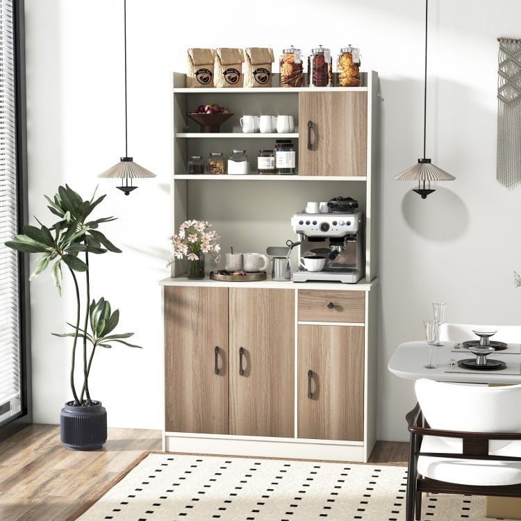 Kitchen pantry storage cabinet with 9 shelves, adjustable storage, and modern design for versatile home use.