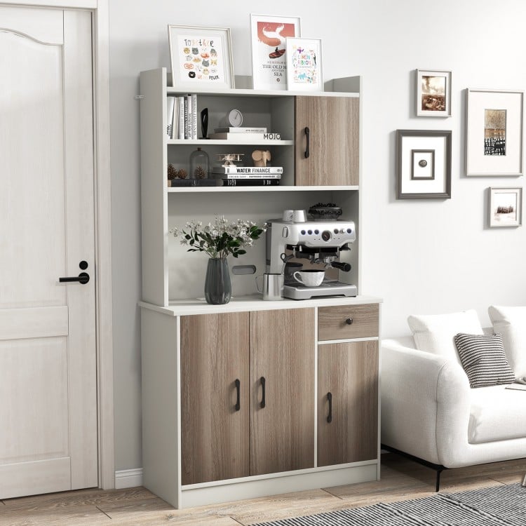 71-inch kitchen pantry storage cabinet in white with 9 shelves, spacious countertop, and modern design for versatile.