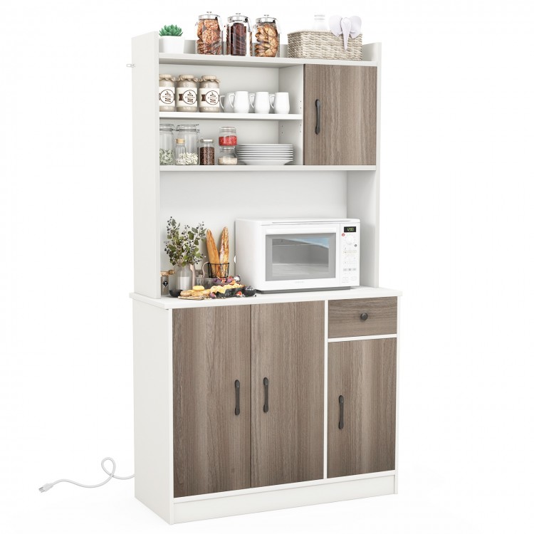71-inch kitchen pantry storage cabinet in white with adjustable shelves, spacious countertop, and built-in charging.