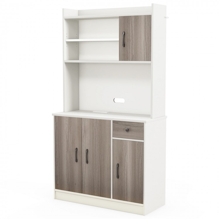 71-inch kitchen pantry storage cabinet in white with 9 shelves, adjustable storage, and built-in charging station.
