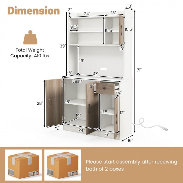 71-inch kitchen pantry storage cabinet with 9 shelves, adjustable storage, and built-in charge station for versatile.