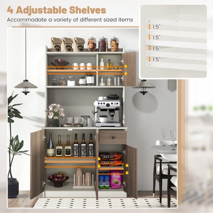 Adjustable shelves in a 71-inch kitchen pantry storage cabinet, designed for customizable organization and modern.