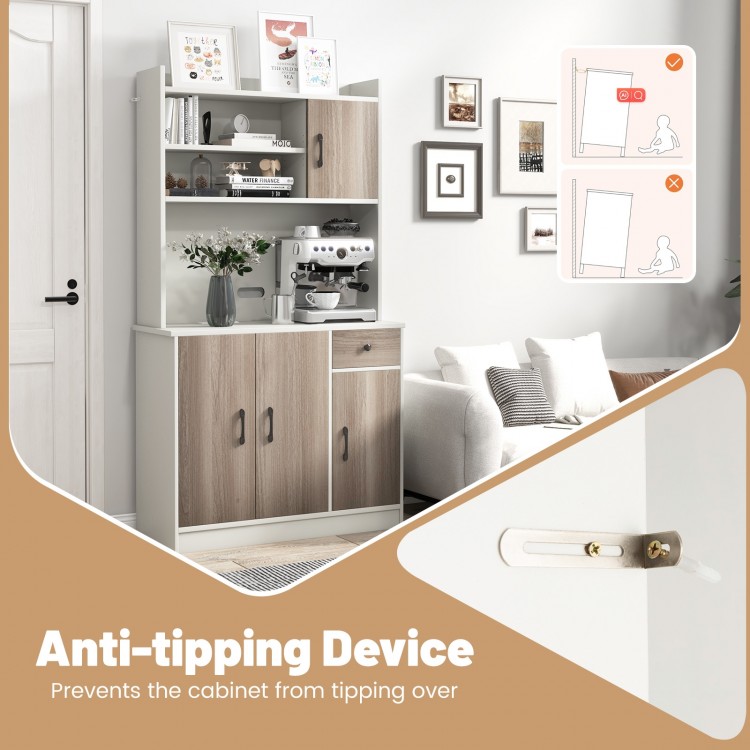 71-inch white kitchen pantry storage cabinet with anti-tipping device, featuring 9 shelves and a spacious countertop.
