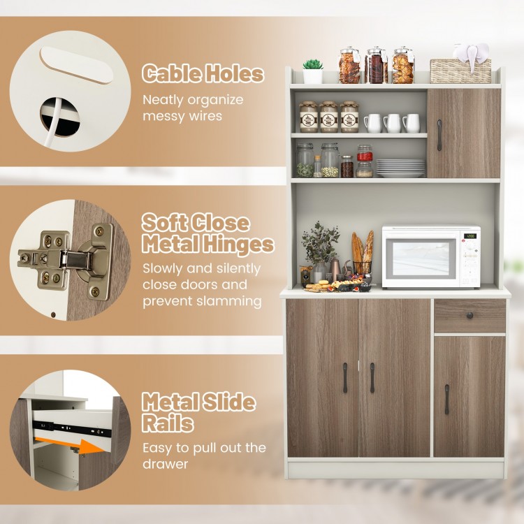 71-inch kitchen pantry storage cabinet with 9 shelves, soft close hinges, and cable holes for organized wire management.