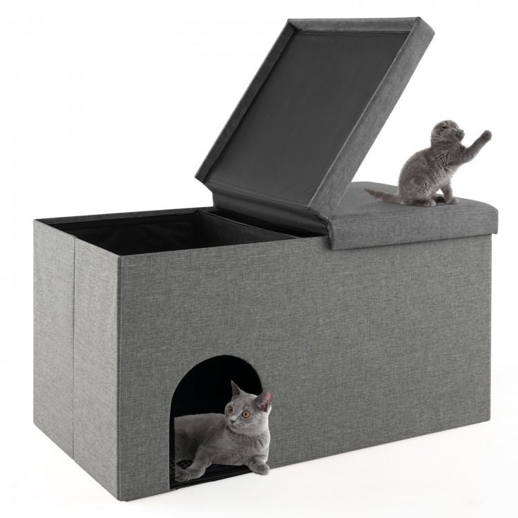Gray cat litter box enclosure with a comfortable bench, featuring a hidden washroom and urine-proof mat for easy.