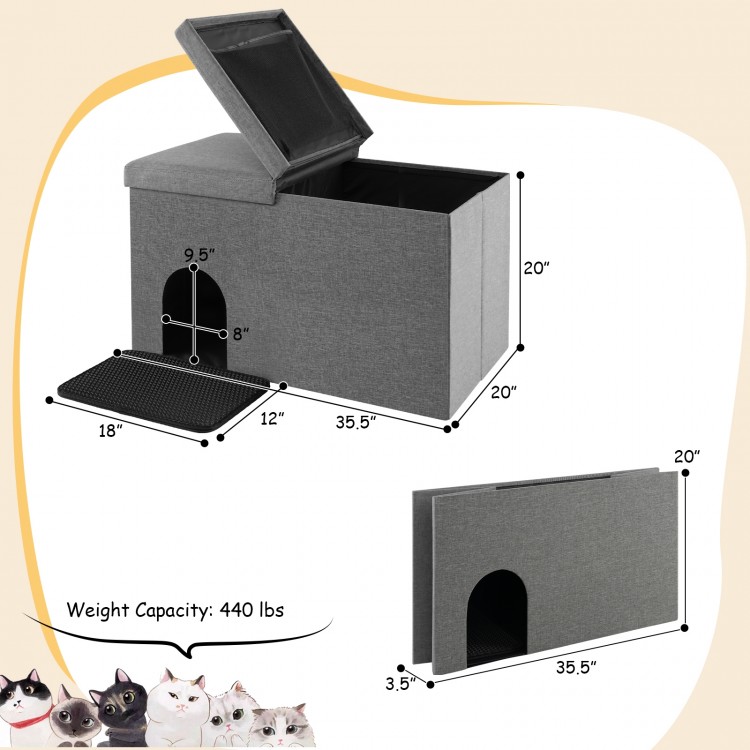 Gray cat litter box enclosure with flip-up lid, urine-proof mat, and hidden storage for privacy and easy cleaning.