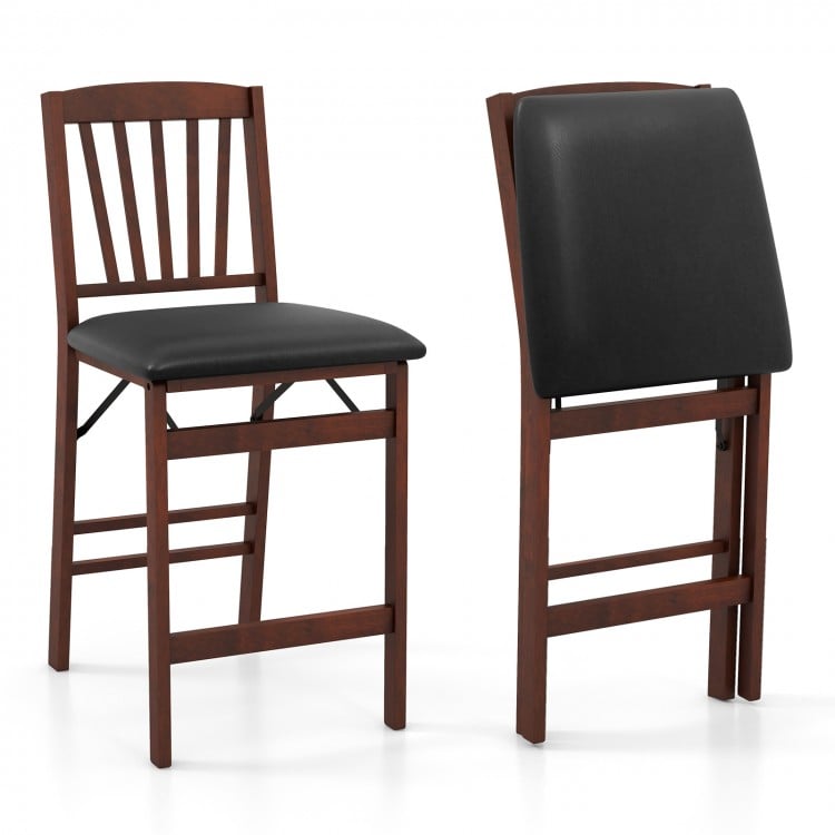 Set of 2 brown folding counter height chairs with padded seats and ergonomic backrest for kitchen island use.