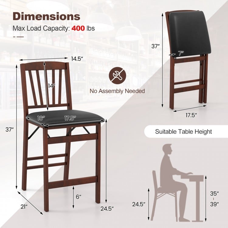 Counter height folding chair with padded seat, brown rubber wood legs, ergonomic design, ideal for kitchen islands.