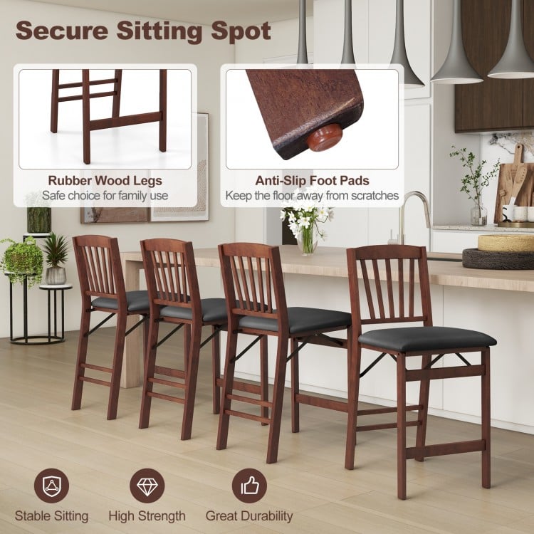 Set of 2 brown folding kitchen island stools with padded seats, rubber wood legs, and anti-slip foot pads for stability.