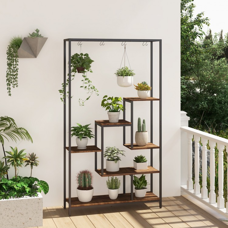 6-tier tall plant stand in rustic brown with 10 hooks, ideal for displaying plants and saving space indoors.