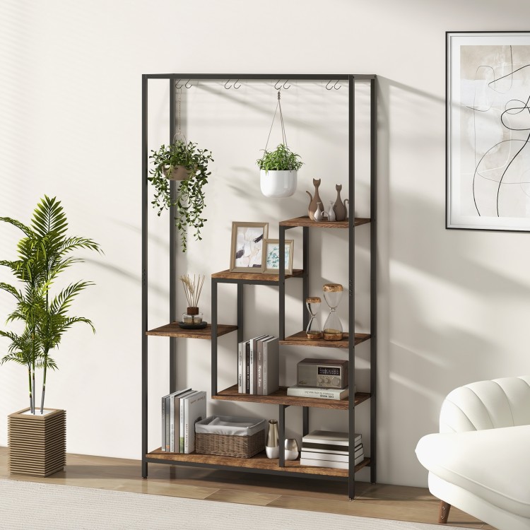 6-tier tall plant stand in rustic brown with metal frame, featuring 10 hooks for hanging baskets, ideal for indoor.