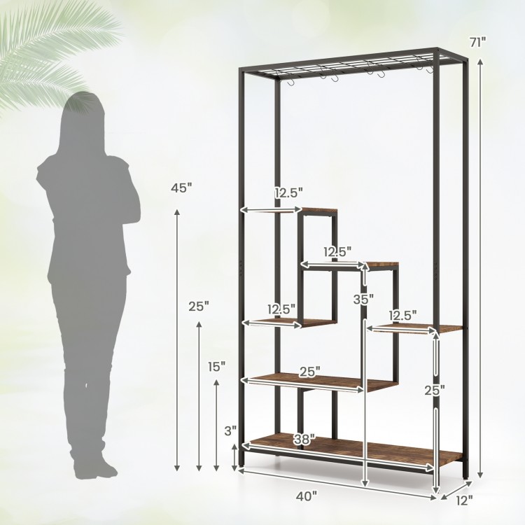 6-tier tall plant stand with rustic brown shelves and metal frame, featuring 10 hooks for hanging baskets, 71 inches.