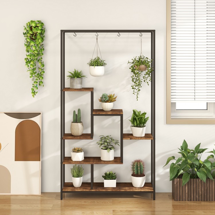 6-tier tall plant stand in rustic brown with 10 hanging hooks, perfect for displaying indoor plants and decor.