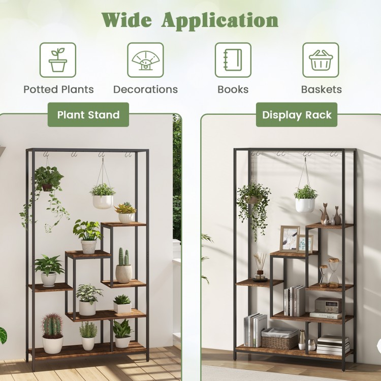 6-tier tall plant stand in rustic brown with 10 hooks, ideal for displaying plants, books, and decorations indoors.
