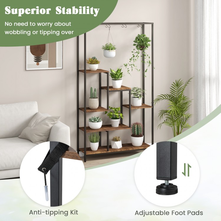 6-tier tall plant stand with rustic brown shelves, adjustable foot pads, and anti-tipping kit for indoor stability.