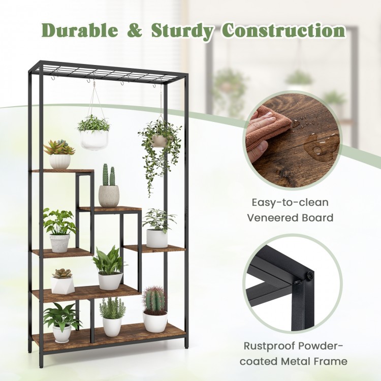 6-tier tall plant stand with rustic brown shelves and metal frame, featuring 10 hooks for hanging plants and easy.