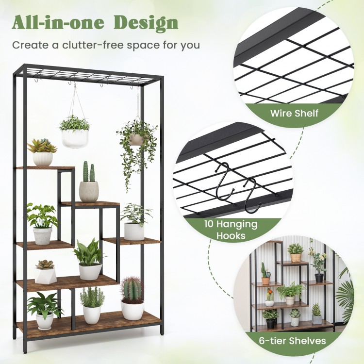 6-tier tall plant stand with rustic brown shelves and 10 hanging hooks for indoor plant display and organization.