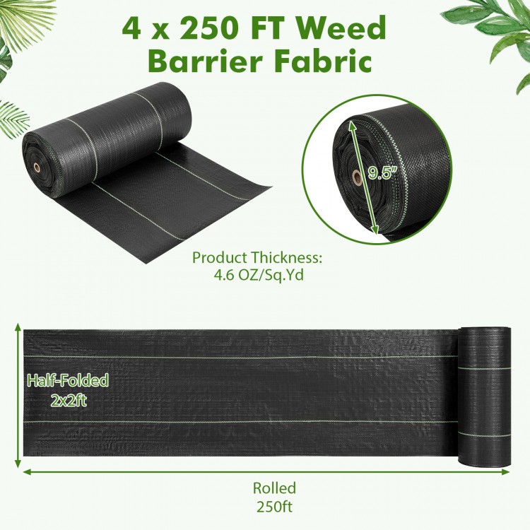 Weed barrier landscape fabric rolled out, 4 ft wide, eco-friendly, tear-resistant, ideal for gardens and pathways.