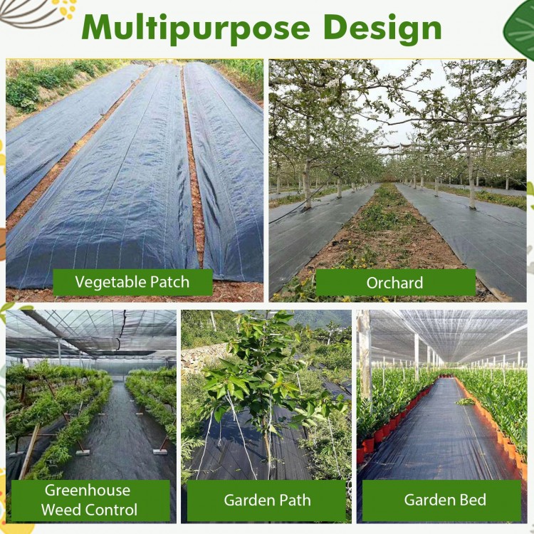 Weed barrier landscape fabric shown in various applications, including vegetable patches and garden paths, for.