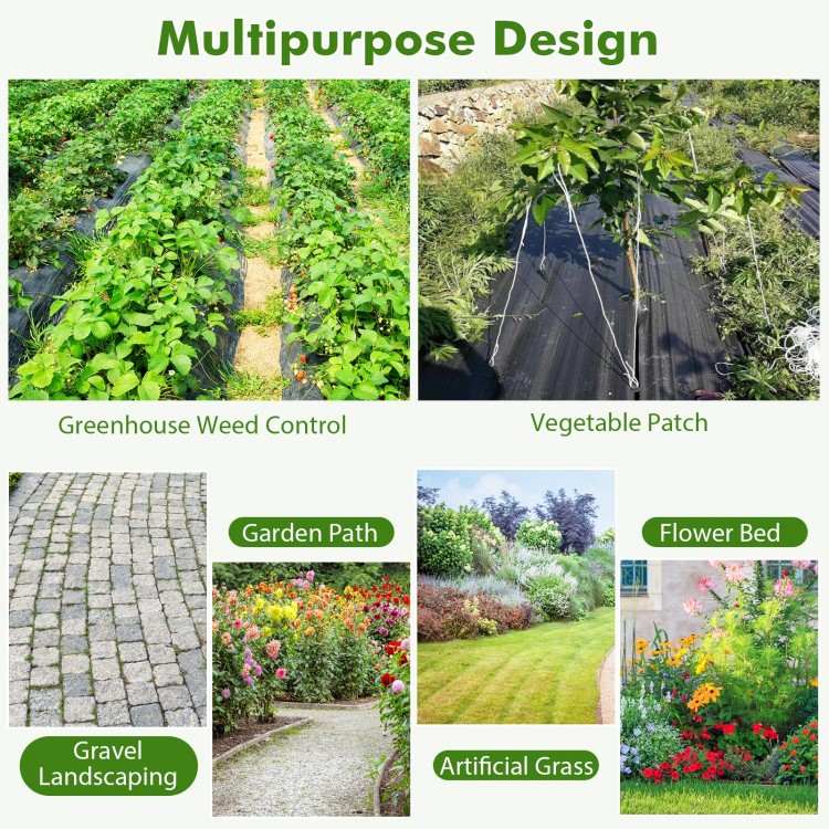 Weed barrier landscape fabric showing various uses like garden paths and flower beds, made from eco-friendly PP.