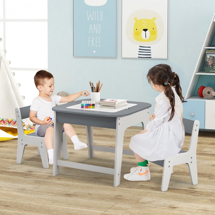 Kid's table and chairs set with gray double-sided tabletop, perfect for drawing, eating, and learning for ages 3-6.