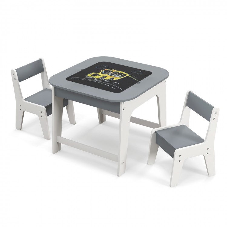 Kid's table and chairs set in gray with double-sided tabletop, perfect for drawing, eating, and learning for ages 3-6.
