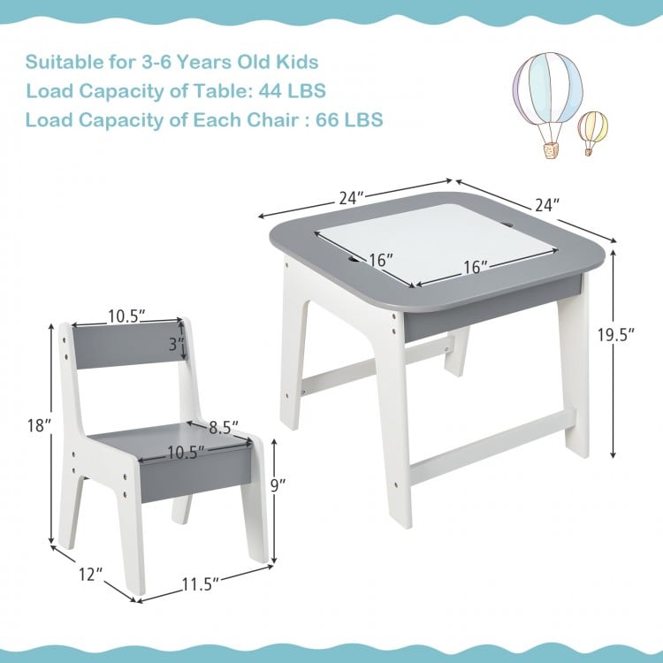 Kid's table and chairs set with double-sided gray tabletop, suitable for ages 3-6, ideal for drawing and learning.