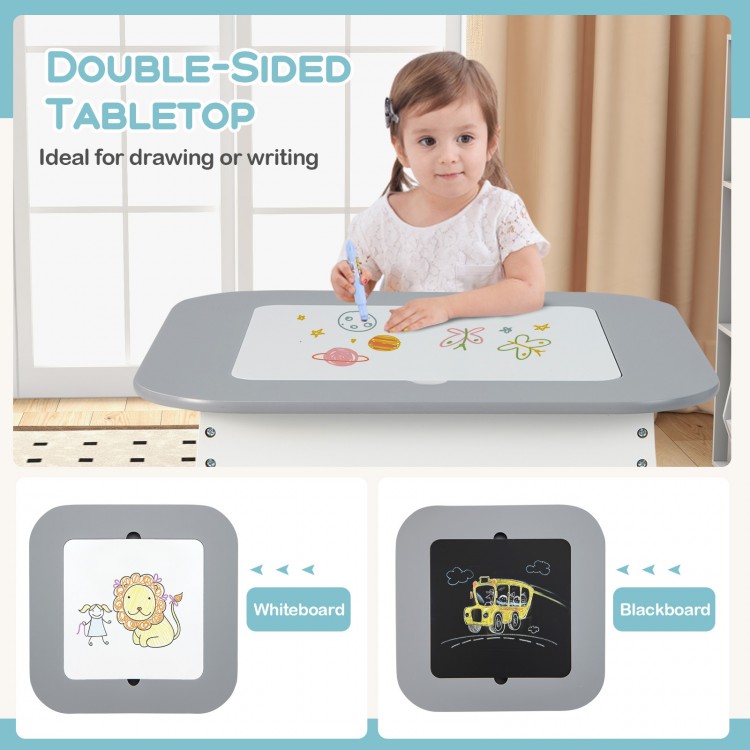 Kid's table and chairs set with double-sided tabletop, ideal for drawing and writing, suitable for ages 3-6 years.