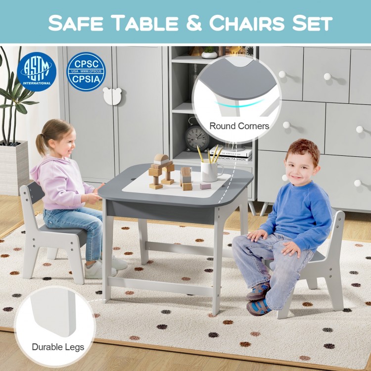 Kid's table and chairs set in gray with double-sided tabletop, designed for safe play and learning for ages 3-6.