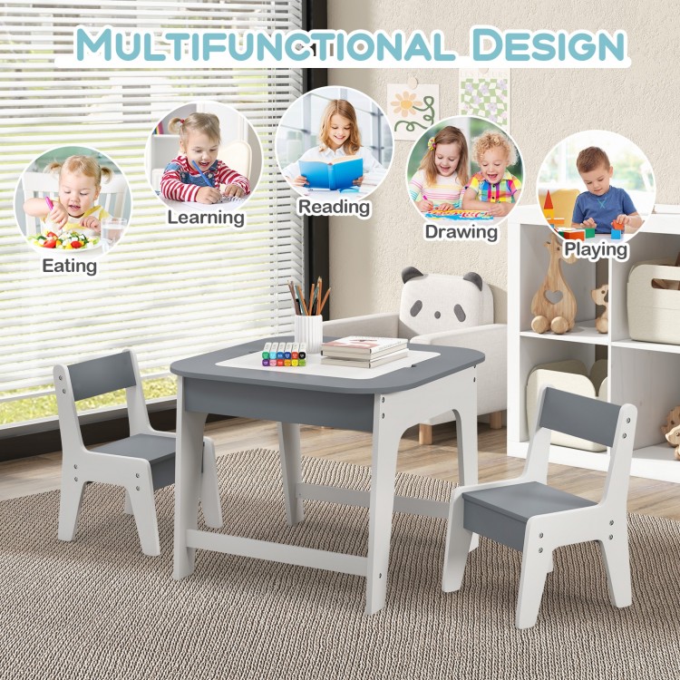 Kid's table and chairs set in gray, featuring a double-sided tabletop for drawing, learning, and playing.
