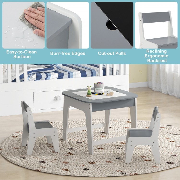 Kid's gray table and chairs set with double-sided tabletop, cut-out pulls, and reclining backrest for ages 3-6.
