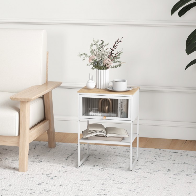Compact white nightstand with flip-up door, 3-tier storage, modern design, perfect for bedroom or living room use.