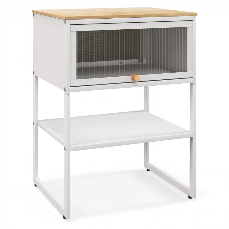 White nightstand with flip-up door and storage shelf, featuring a sturdy metal frame and modern design for versatile.
