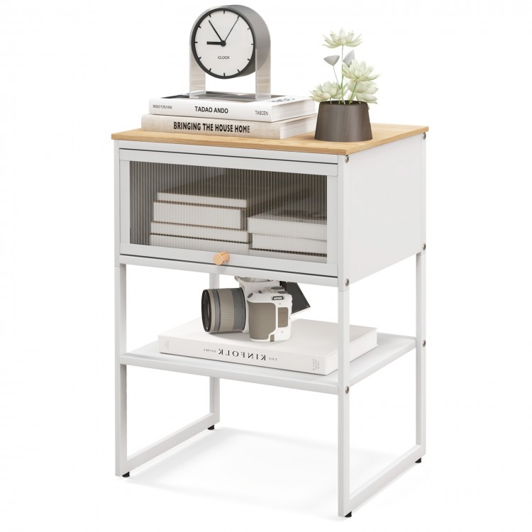 Compact white nightstand with flip-up door, 3-tier storage, and sturdy metal frame, perfect for bedroom or living room.