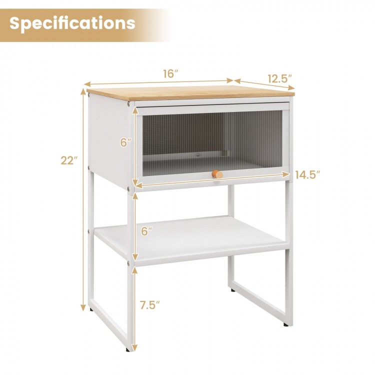 Compact nightstand with flip-up door storage, white metal frame, 3-tier design, ideal for bedroom or living room use.