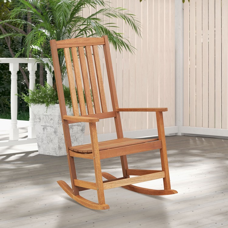 Ergonomic high-back patio rocking chair made of premium hardwood, ideal for relaxing on the balcony or porch.