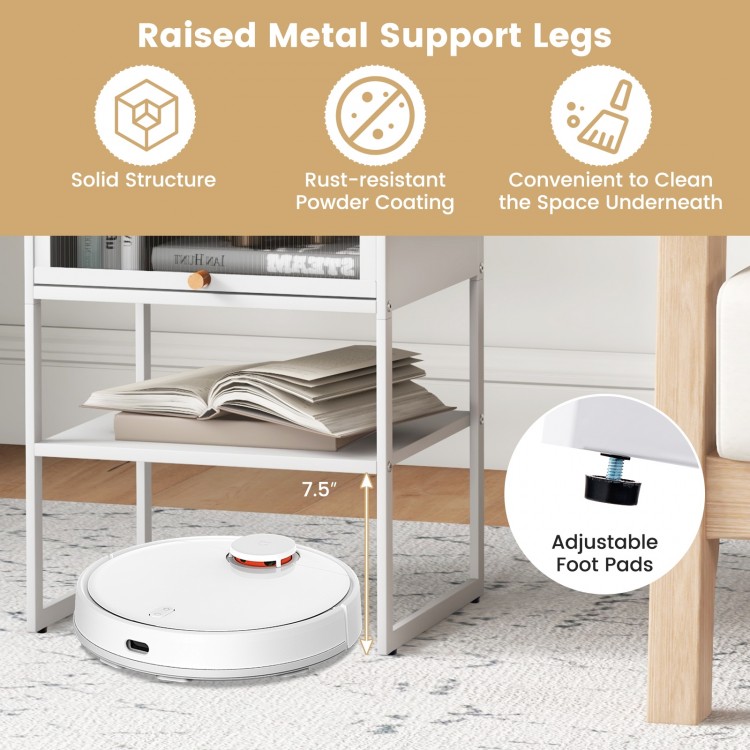 3-tier white nightstand with flip-up door, sturdy metal frame, and adjustable foot pads for stability in any space.